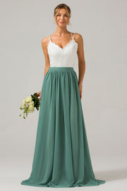 Eucalyptus A-Line Spaghetti Straps Pleated Long Bridesmaid Dress With Lace