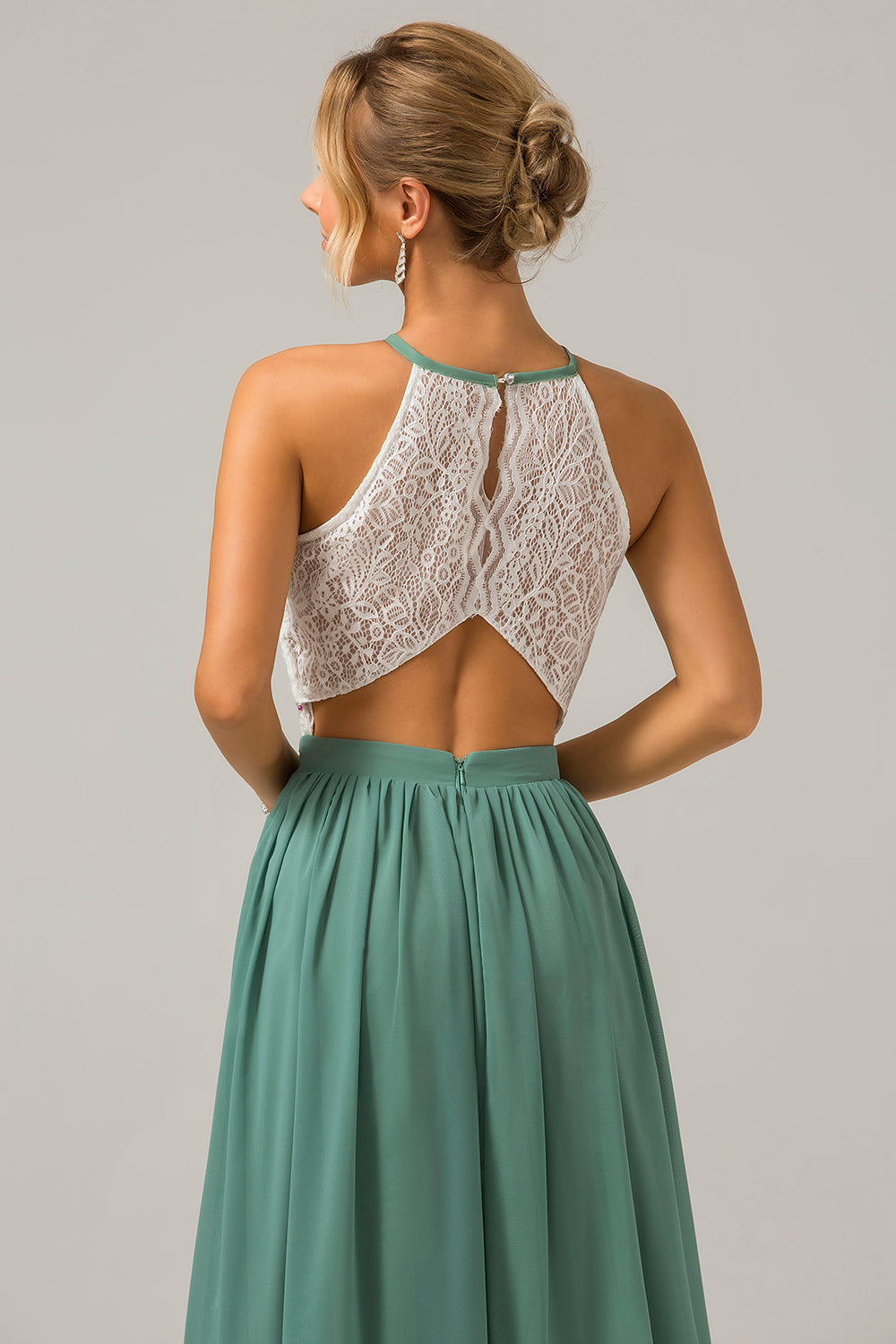 Eucalyptus A-Line Halter Pleated Keyhole Chiffon Bridesmaid Dress With Lace