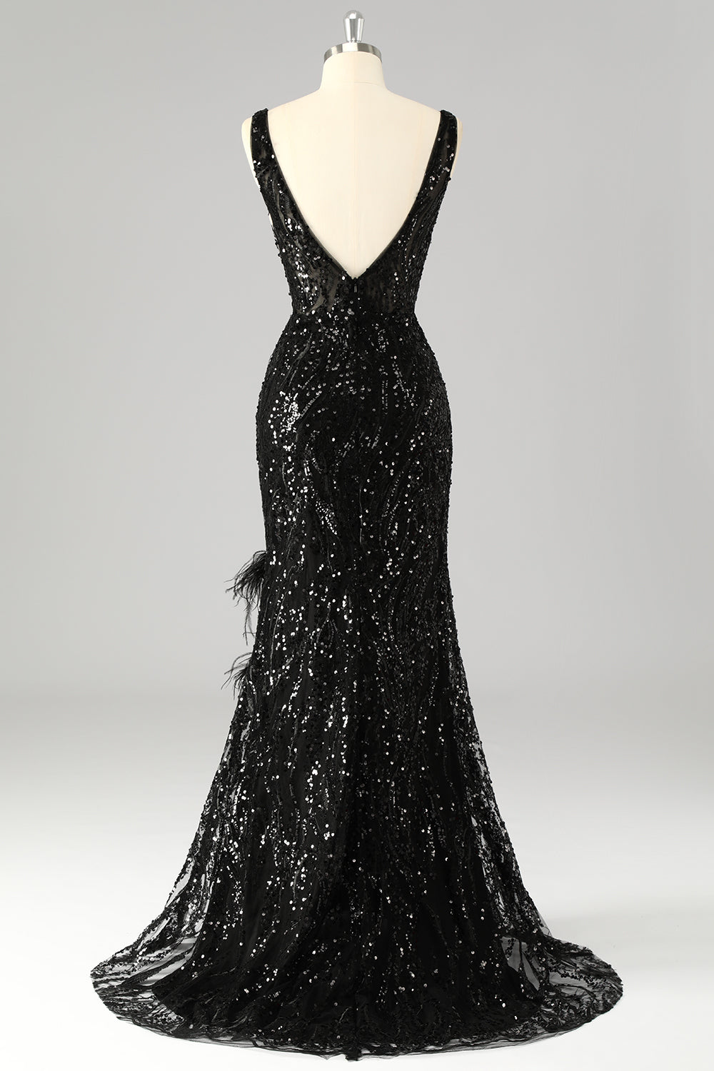 Sparkly Sequin V-Neck Mermaid Long Prom Dress with Feathers