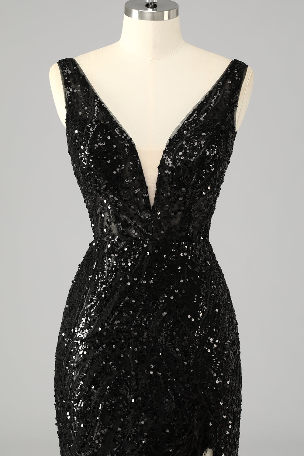 Sparkly Sequin V-Neck Mermaid Long Prom Dress with Feathers