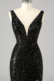 Sparkly Sequin V-Neck Mermaid Long Prom Dress with Feathers