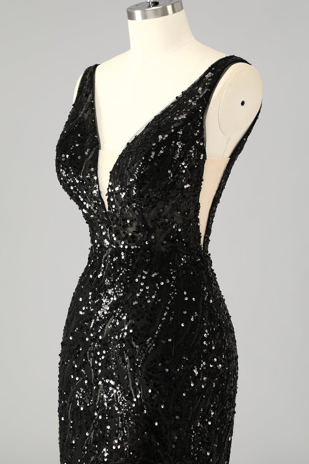 Sparkly Sequin V-Neck Mermaid Long Prom Dress with Feathers