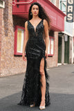 Black Sparkly Deep V-neck Mermaid Prom Dress with Feathers