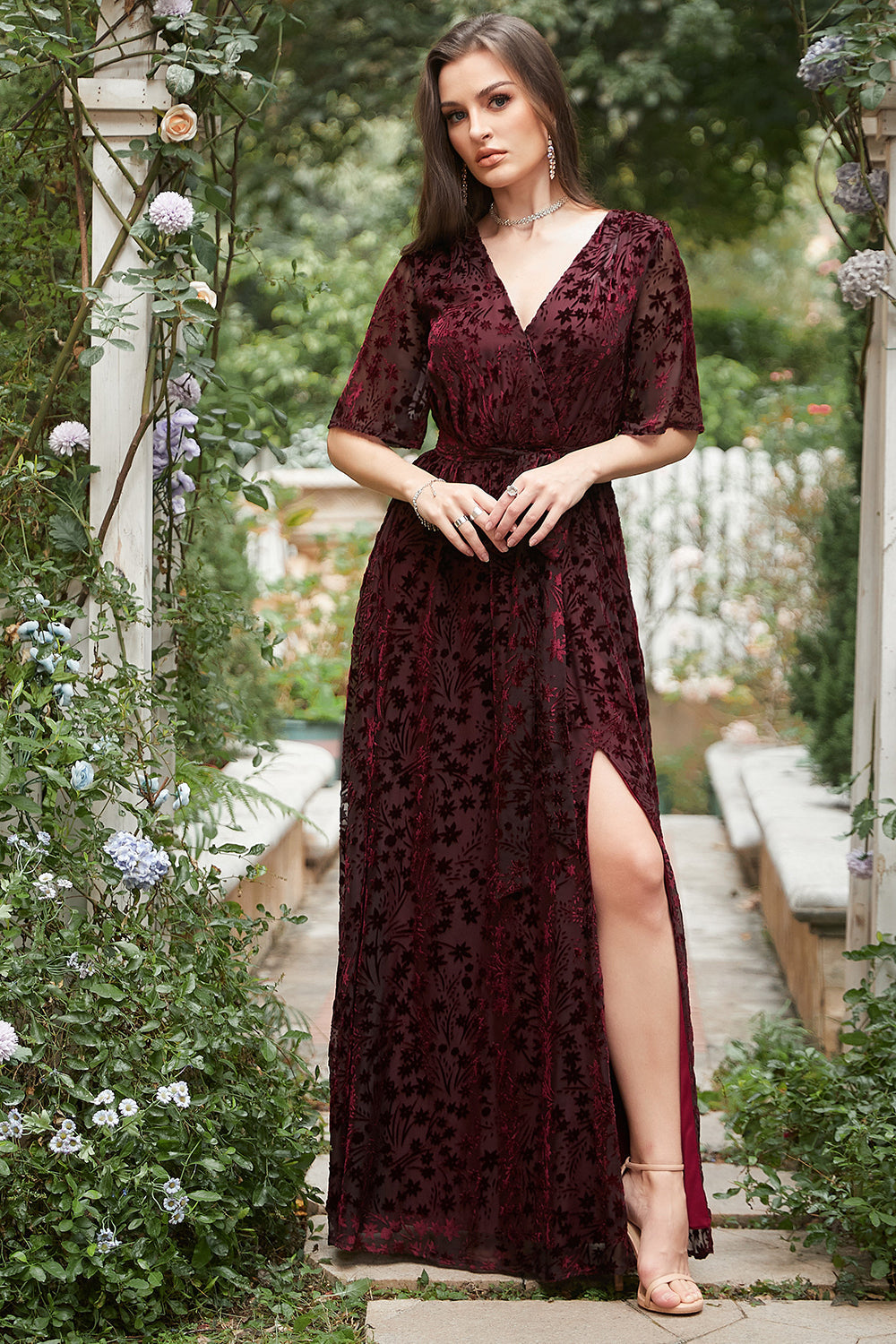 Rust A-Line V Neck Burnout Velvet Bridesmaid Dress with Slit