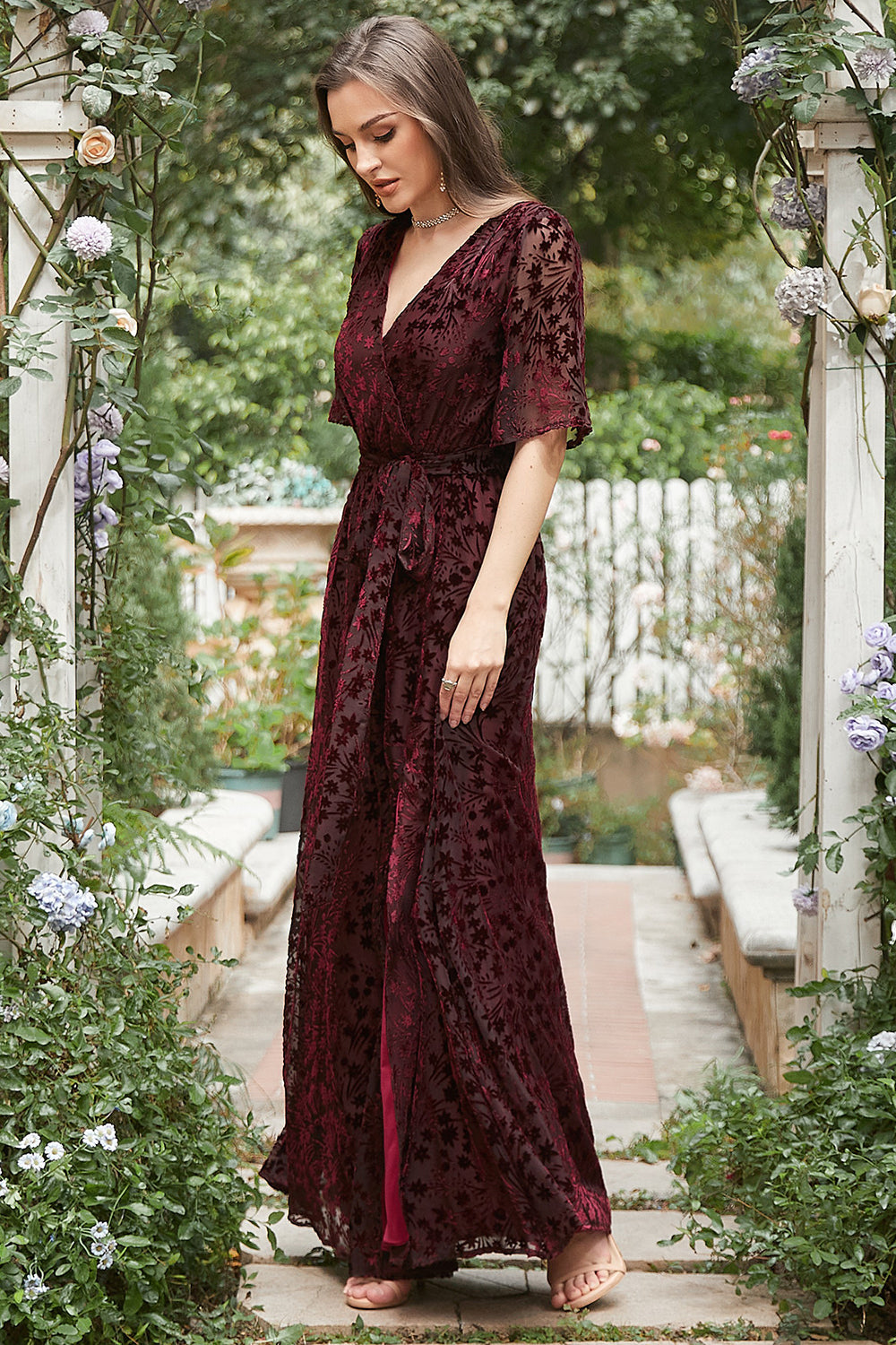 Rust A-Line V Neck Burnout Velvet Bridesmaid Dress with Slit
