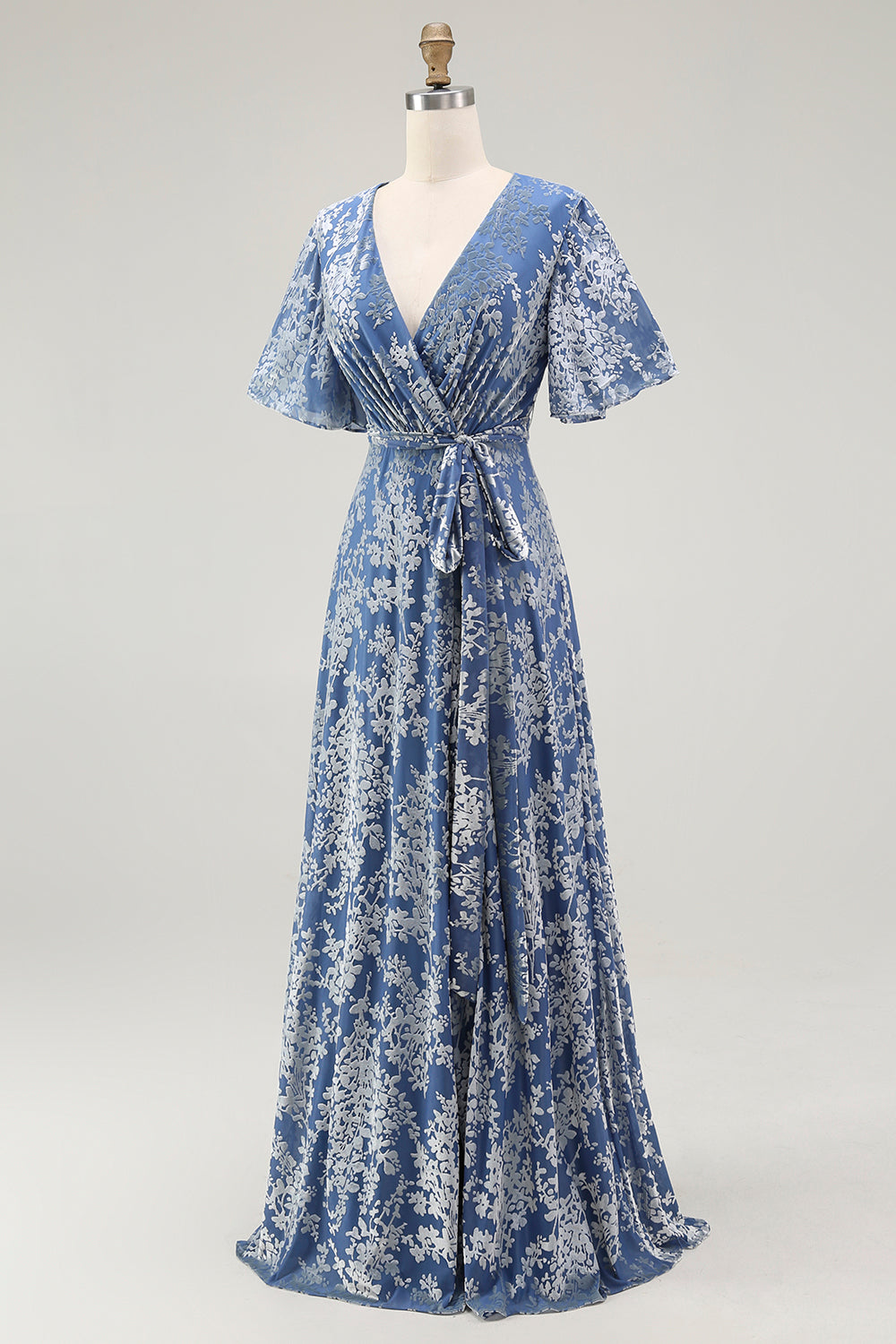 Blue Velvet V-Neck A Line Maxi Mother of Bride Dress