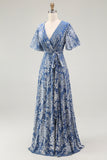 Blue Velvet V-Neck A Line Maxi Mother of Bride Dress