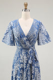 Blue Velvet V-Neck A Line Maxi Mother of Bride Dress