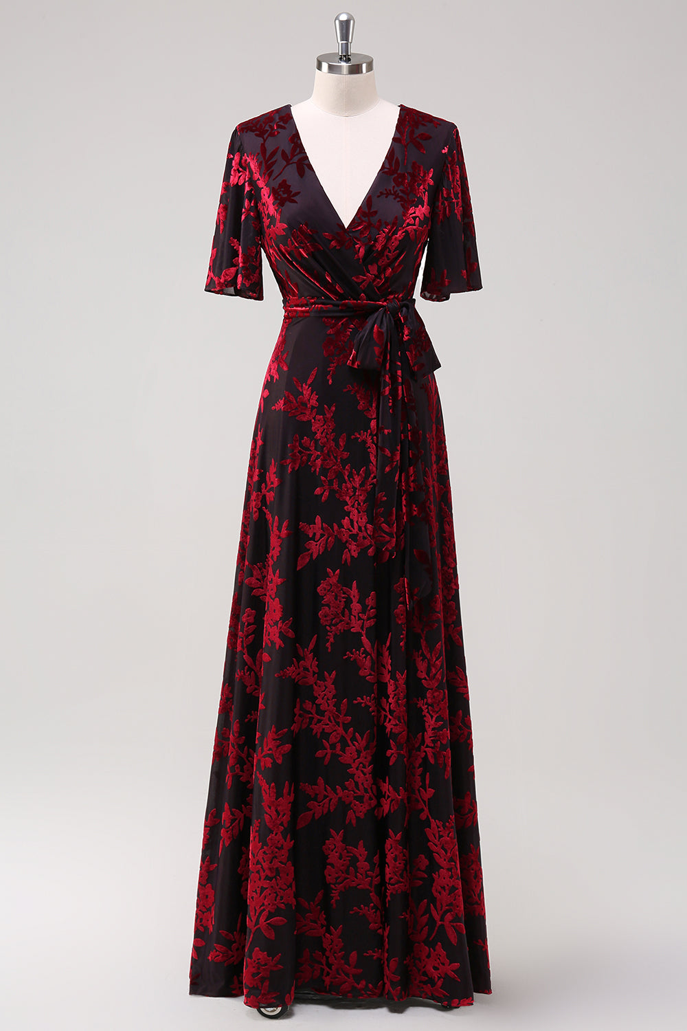 Leely Burgundy Velvet Printed Wedding Guest Dress with Belt