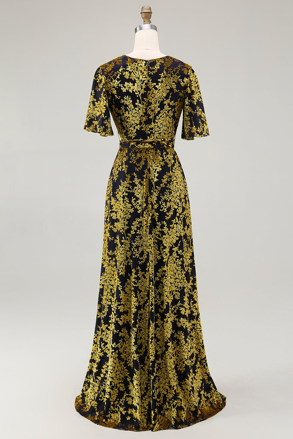 Burgundy Velvet Printed Wedding Guest Dress with Belt
