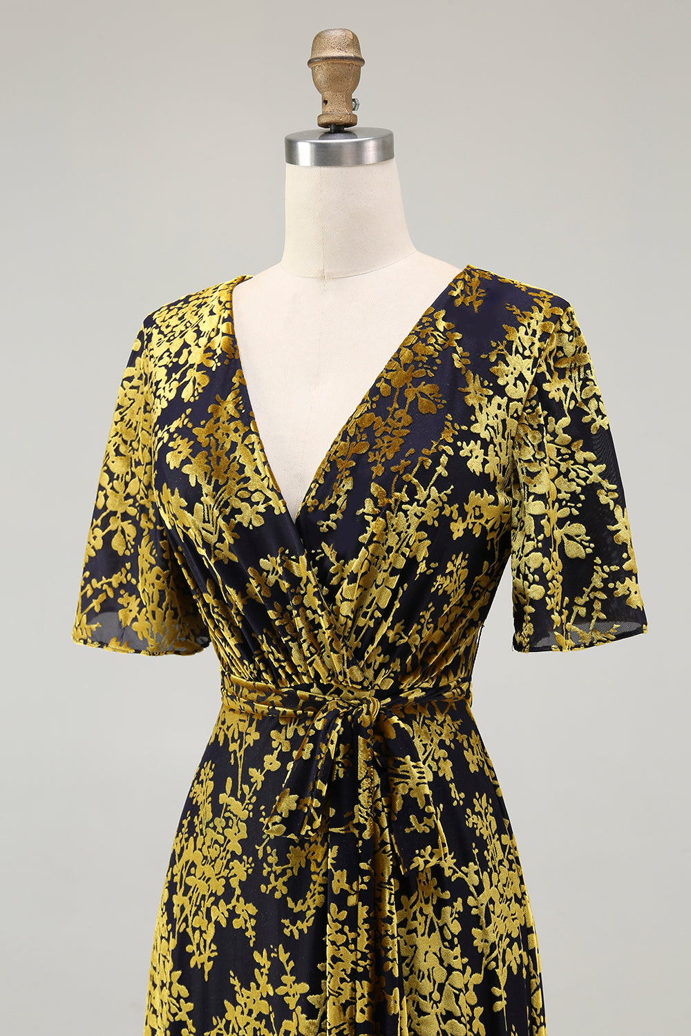 Burgundy Velvet Printed Wedding Guest Dress with Belt