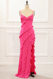 Fuchsia Sheath Spaghetti Straps Long Bridesmaid Dress with Ruffles