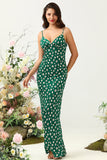 Green Sheath Spaghetti Straps Floral Print Bridesmaid Dress