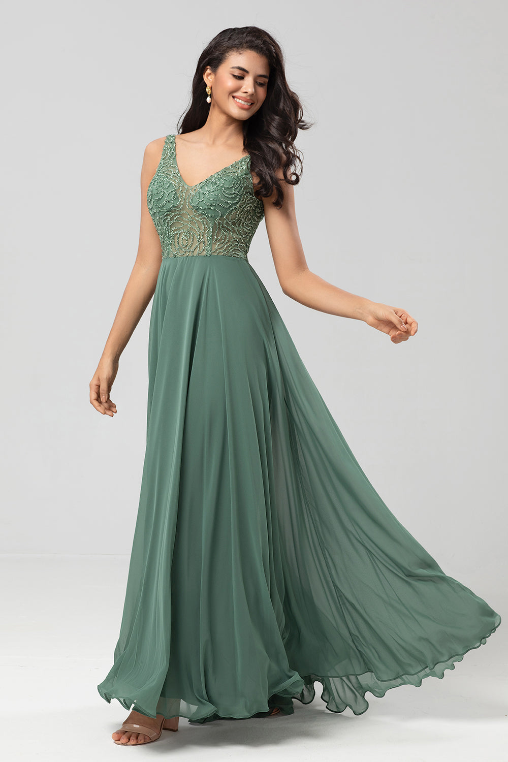 Eucalyptus A Line V Neck Chiffon Long Bridesmaid Dress With Beading