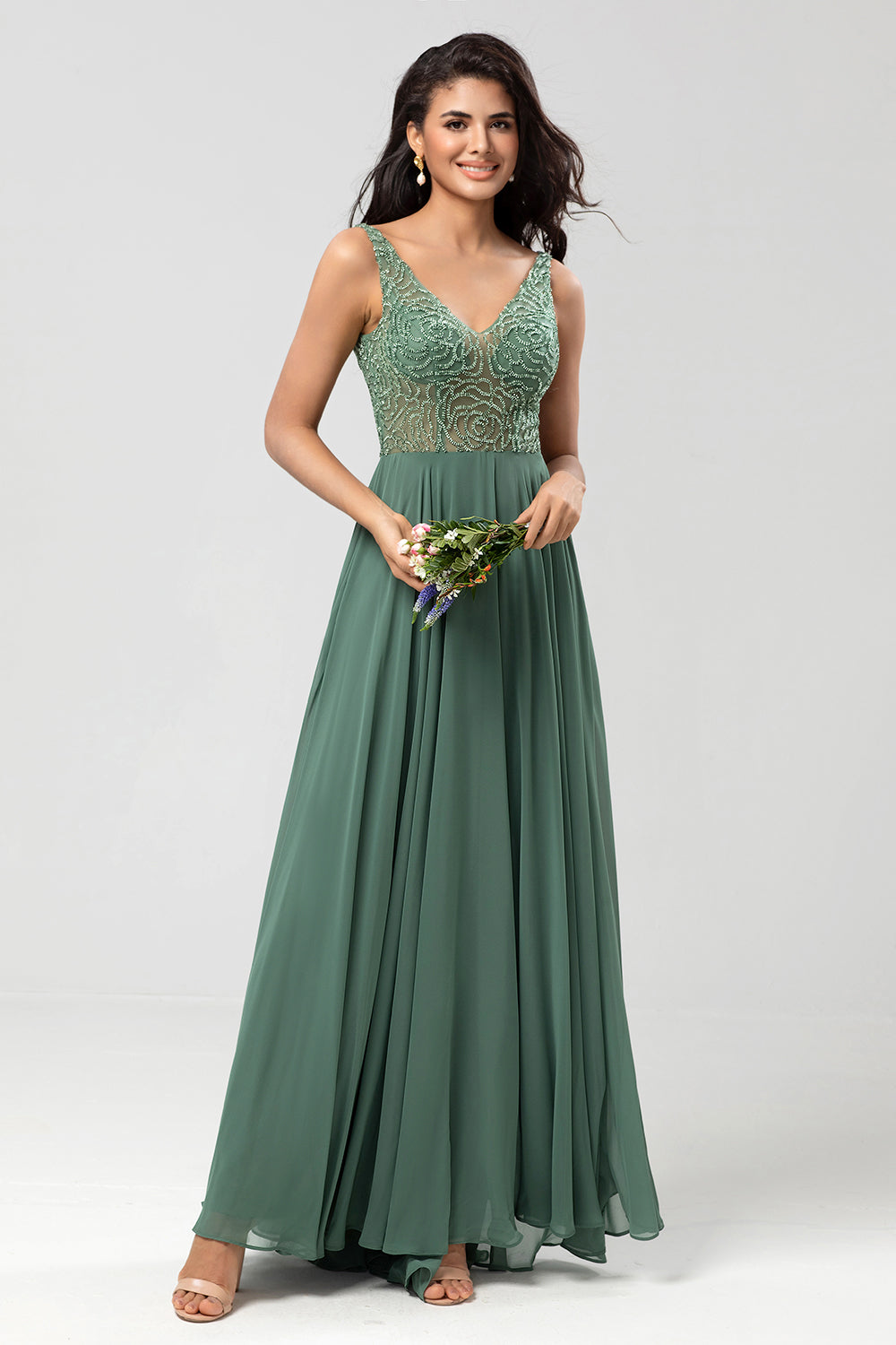 Eucalyptus A Line V Neck Chiffon Long Bridesmaid Dress With Beading