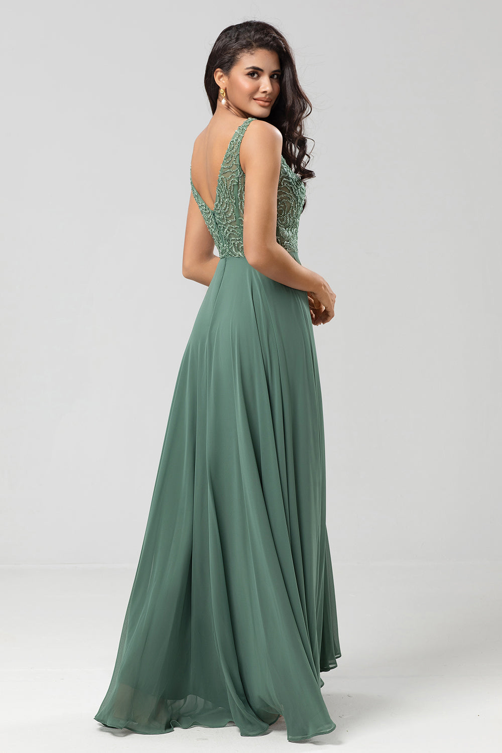 Eucalyptus A Line V Neck Chiffon Long Bridesmaid Dress With Beading