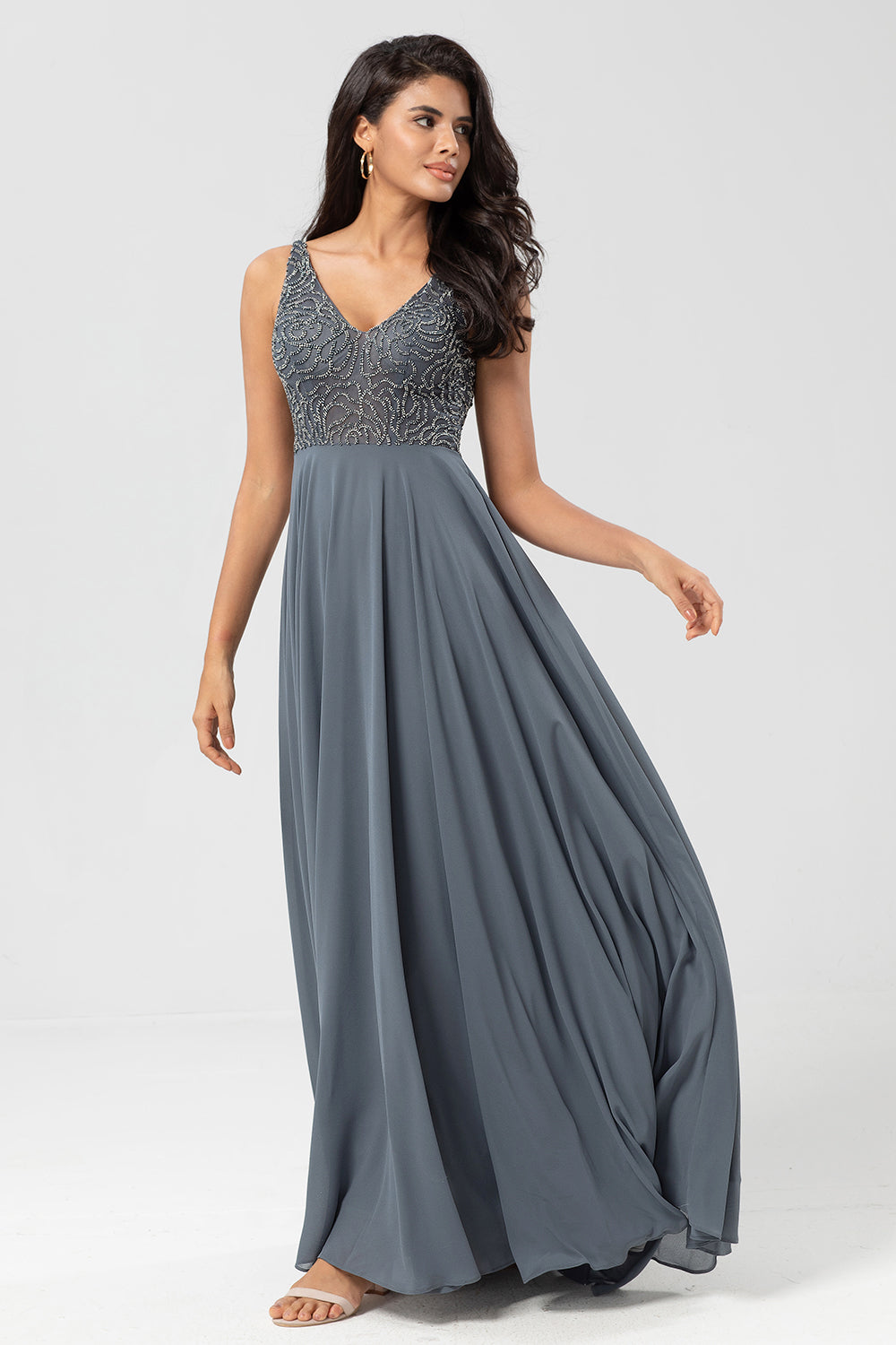 Eucalyptus A Line V Neck Chiffon Long Bridesmaid Dress With Beading