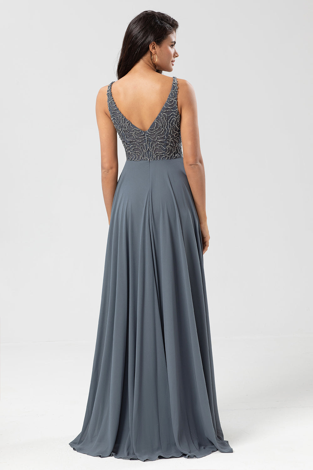 Eucalyptus A Line V Neck Chiffon Long Bridesmaid Dress With Beading