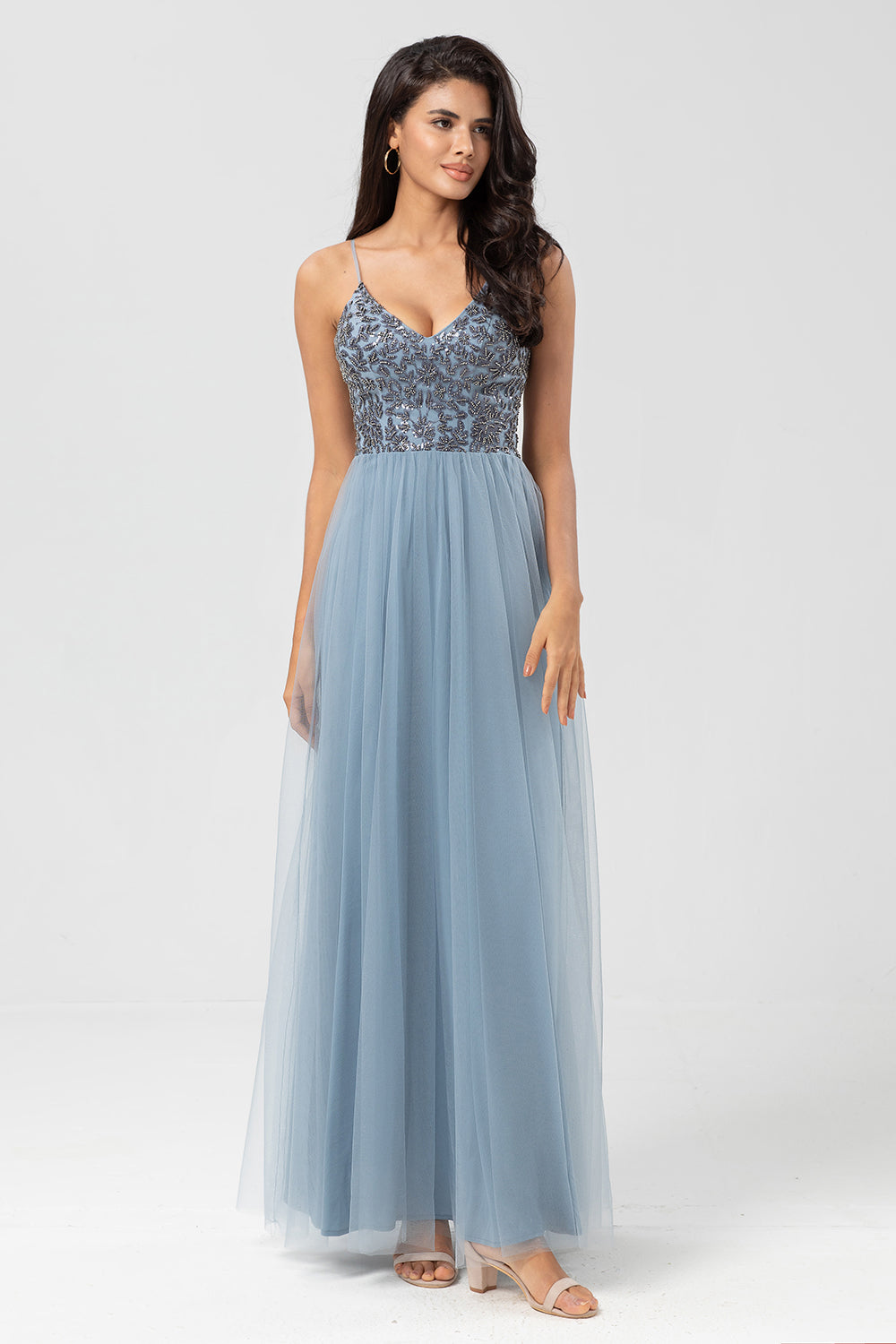 Sparkly Dusty Blue A Line Spaghetti Straps Long Bridesmaid Dress With Beading