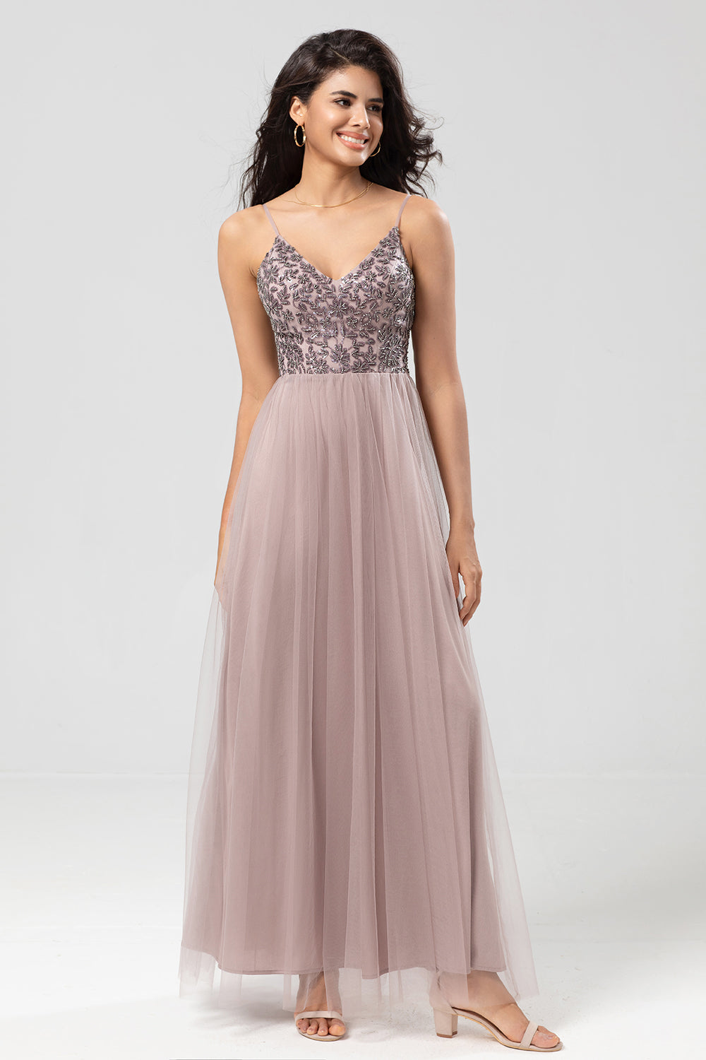 Sparkly Dusty Blue A Line Spaghetti Straps Long Bridesmaid Dress With Beading