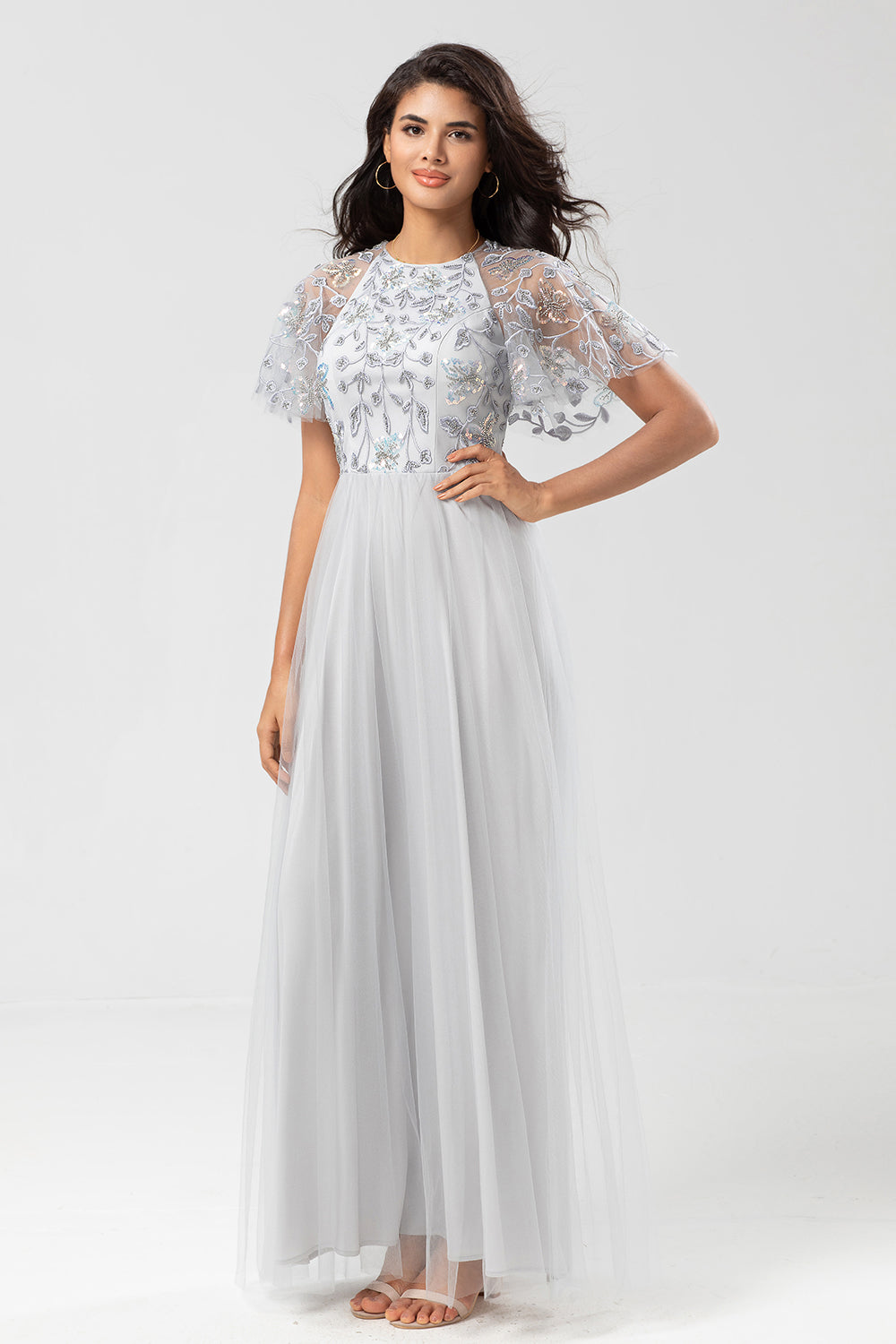 Sparkly Grey A Line Jewel Neck Long Bridesmaid Dress With Appliques