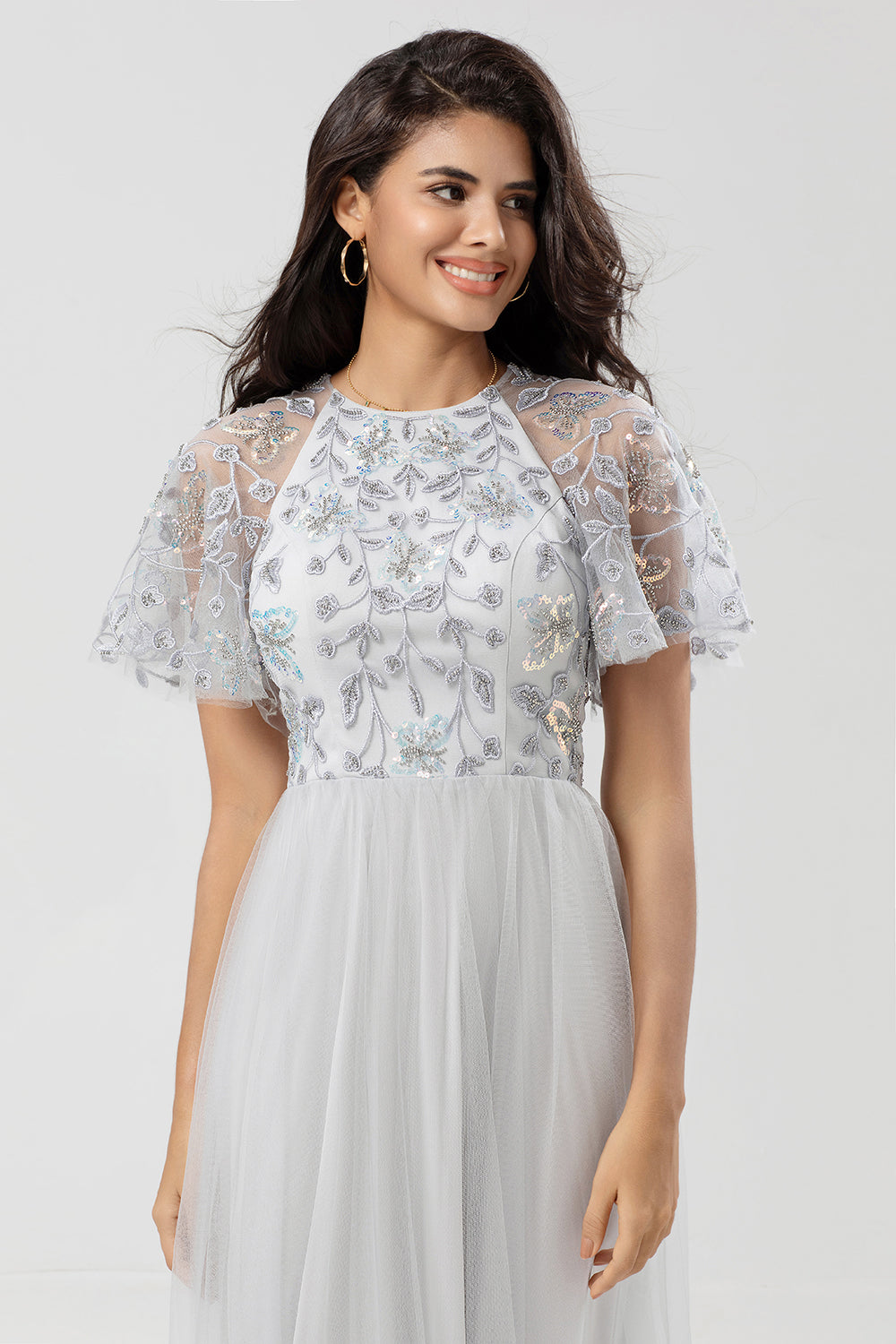 Sparkly Grey A Line Jewel Neck Long Bridesmaid Dress With Appliques