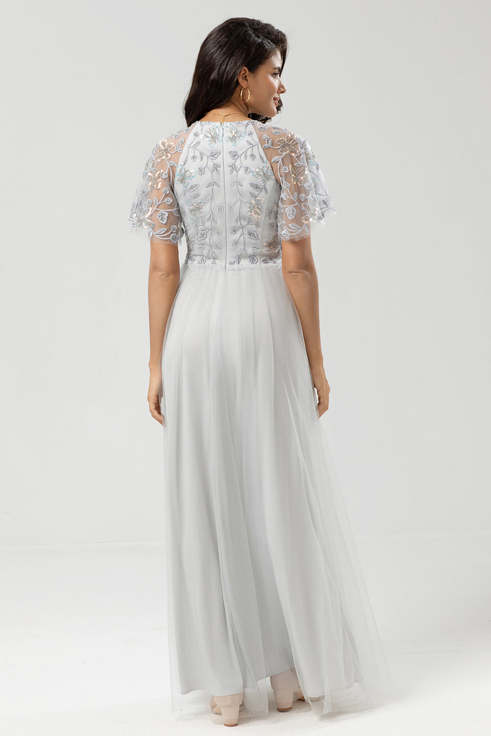 Sparkly Grey A Line Jewel Neck Long Bridesmaid Dress With Appliques