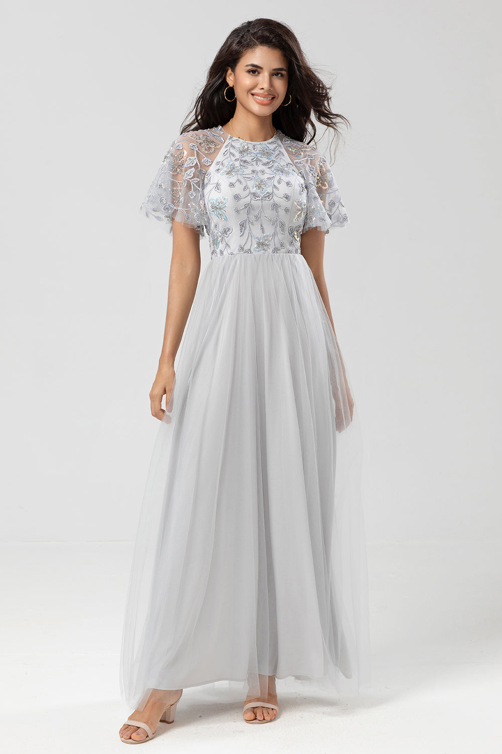 Sparkly Grey A Line Jewel Neck Long Bridesmaid Dress With Appliques