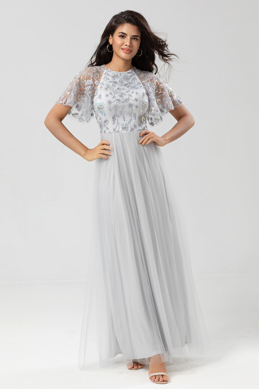 Sparkly Grey A Line Jewel Neck Long Bridesmaid Dress With Appliques