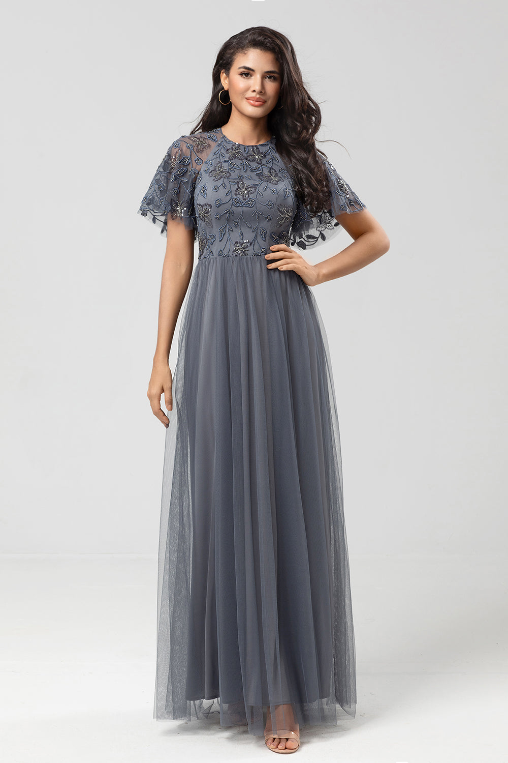 Sparkly Grey A Line Jewel Neck Long Bridesmaid Dress With Appliques