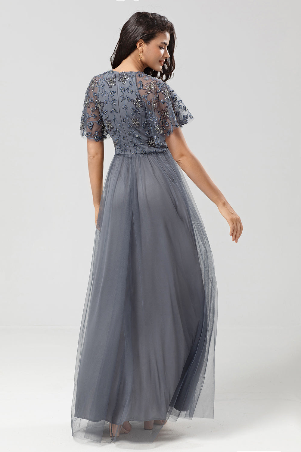 Sparkly Grey A Line Jewel Neck Long Bridesmaid Dress With Appliques