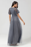 Sparkly Grey A Line Jewel Neck Long Bridesmaid Dress With Appliques