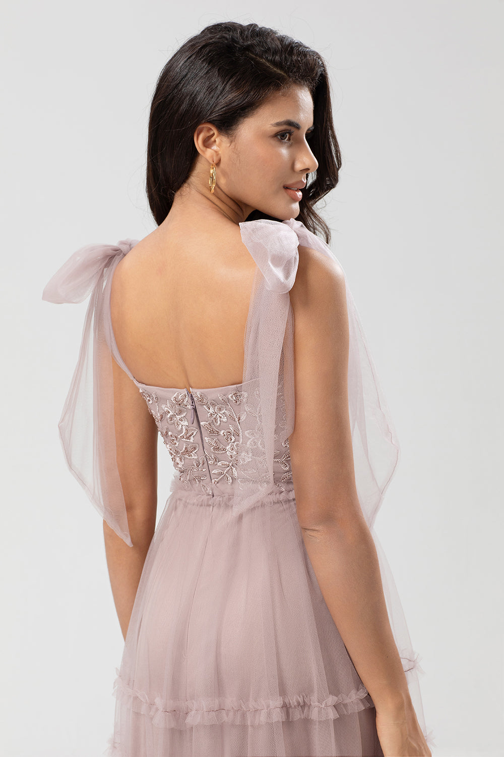 Dusty Pink A Line Tulle Long Bridesmaid Dress With Beading