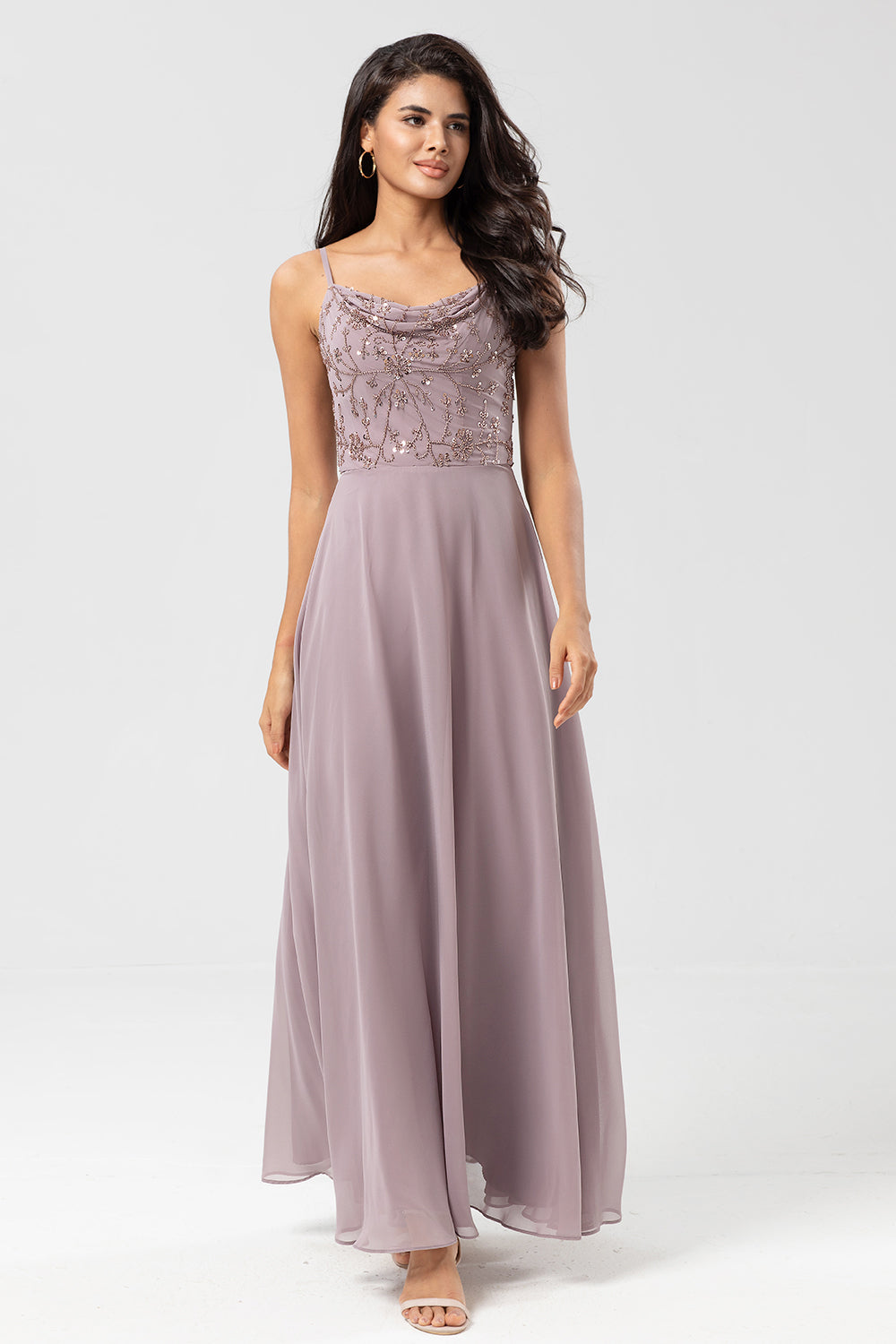 Dusty Pink A Line Spaghetti Straps Beaded Long Bridesmaid Dress