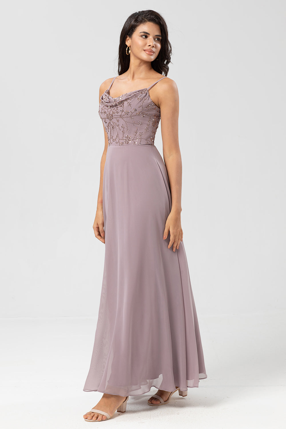 Dusty Pink A Line Spaghetti Straps Beaded Long Bridesmaid Dress