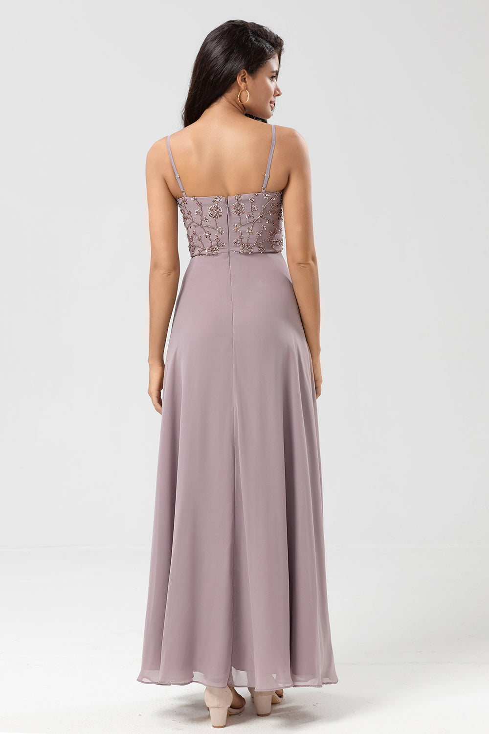 Dusty Pink A Line Spaghetti Straps Beaded Long Bridesmaid Dress