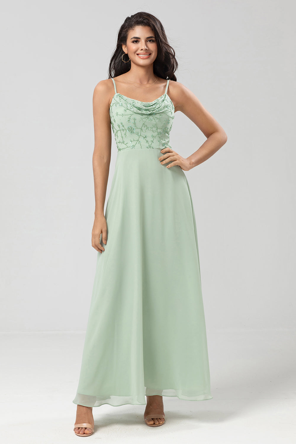 Dusty Pink A Line Spaghetti Straps Beaded Long Bridesmaid Dress
