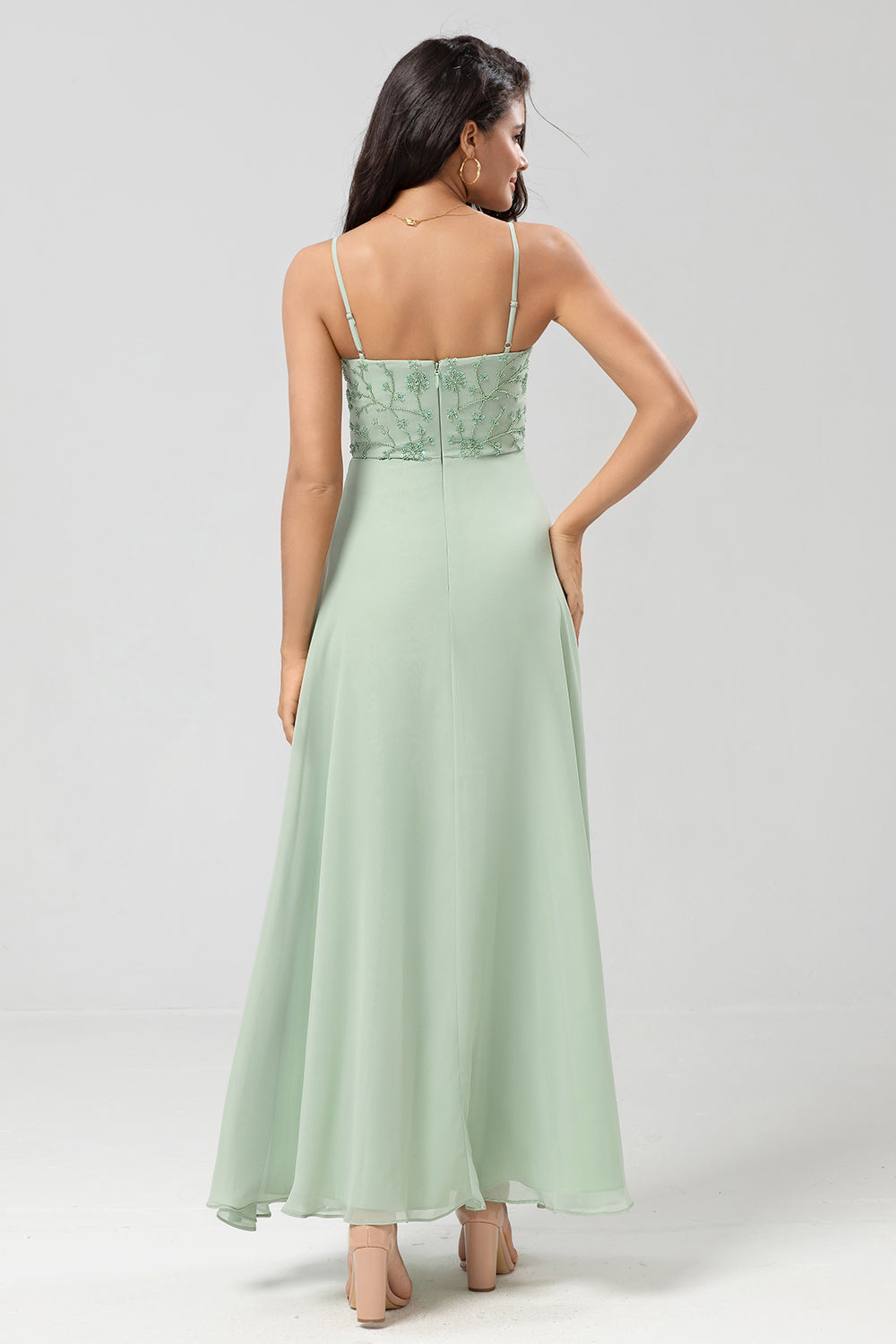 Dusty Pink A Line Spaghetti Straps Beaded Long Bridesmaid Dress