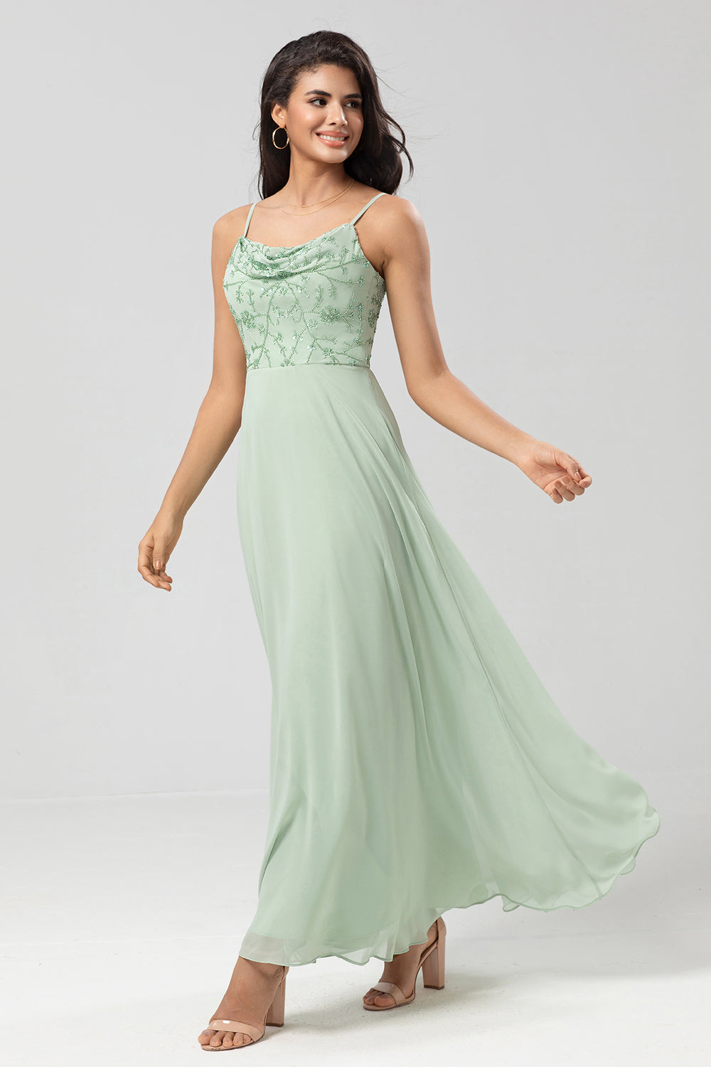 Dusty Pink A Line Spaghetti Straps Beaded Long Bridesmaid Dress