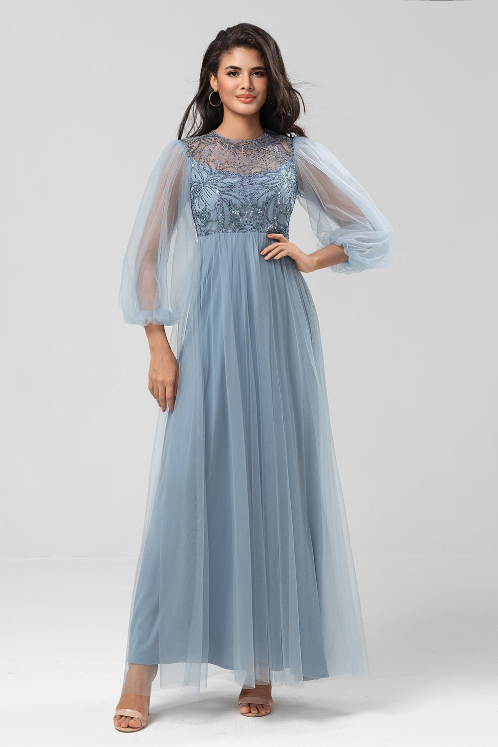 Leely Women Sparkly Dusty Blue Long Bridesmaid Dress A Line Jewel Neck Formal Dress With Sequined Appliques