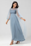Sparkly Dusty Blue A Line Jewel Neck Long Bridesmaid Dress With Sequined Appliques