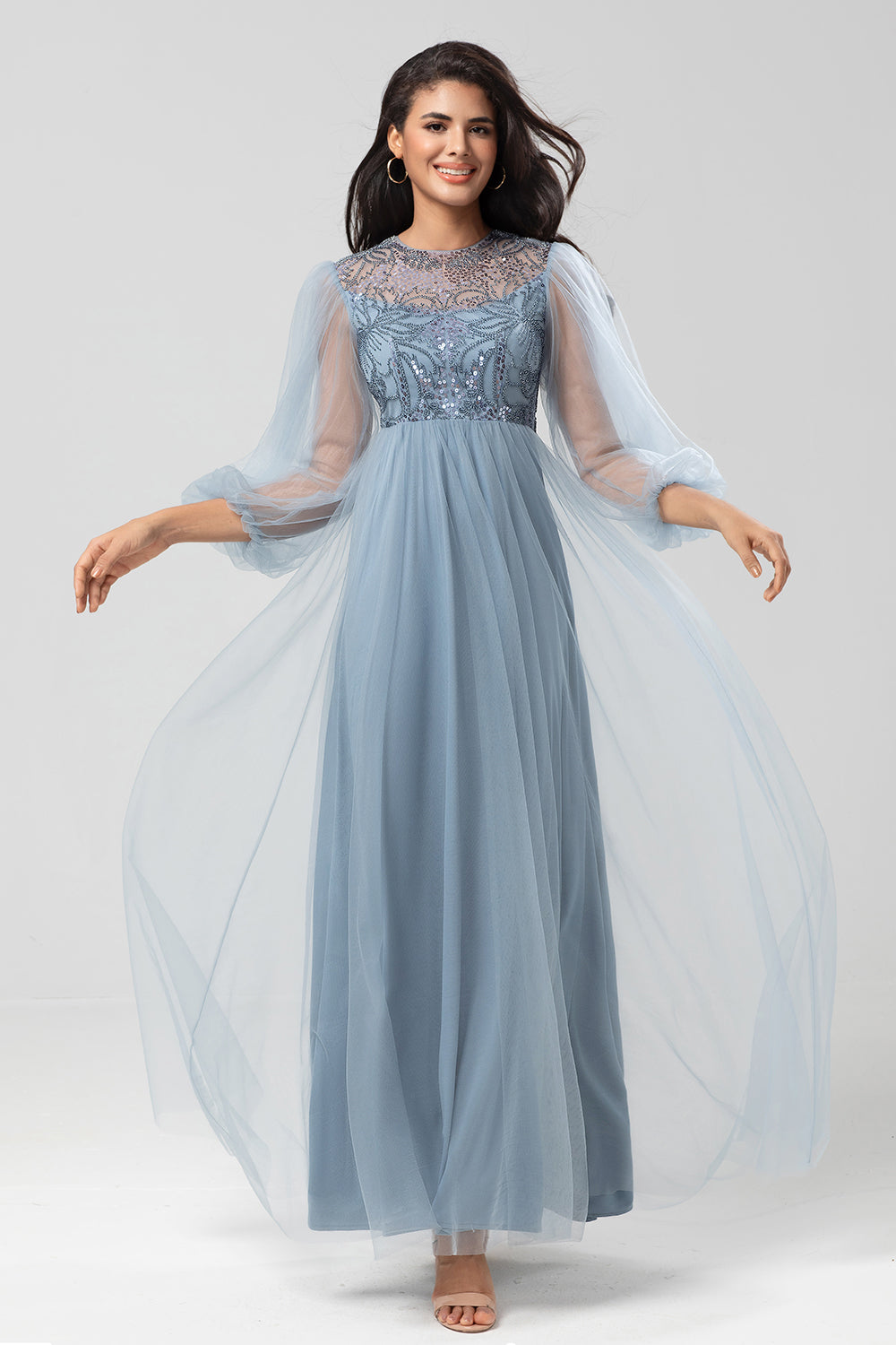 Sparkly Dusty Blue A Line Jewel Neck Long Bridesmaid Dress With Sequined Appliques