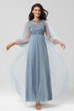 Sparkly Dusty Blue A Line Jewel Neck Long Bridesmaid Dress With Sequined Appliques