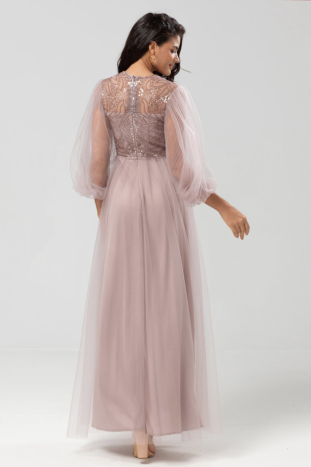 Sparkly Dusty Blue A Line Jewel Neck Long Bridesmaid Dress With Sequined Appliques