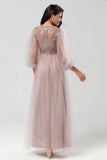 Sparkly Dusty Blue A Line Jewel Neck Long Bridesmaid Dress With Sequined Appliques