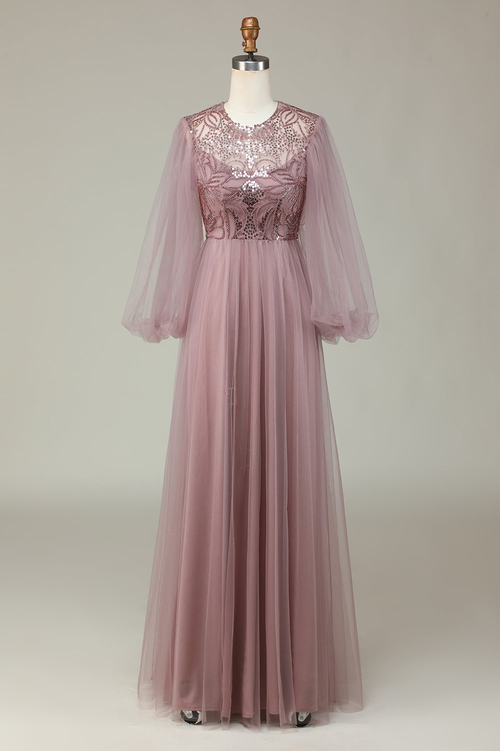 Sparkly Dusty Blue A Line Jewel Neck Long Bridesmaid Dress With Sequined Appliques