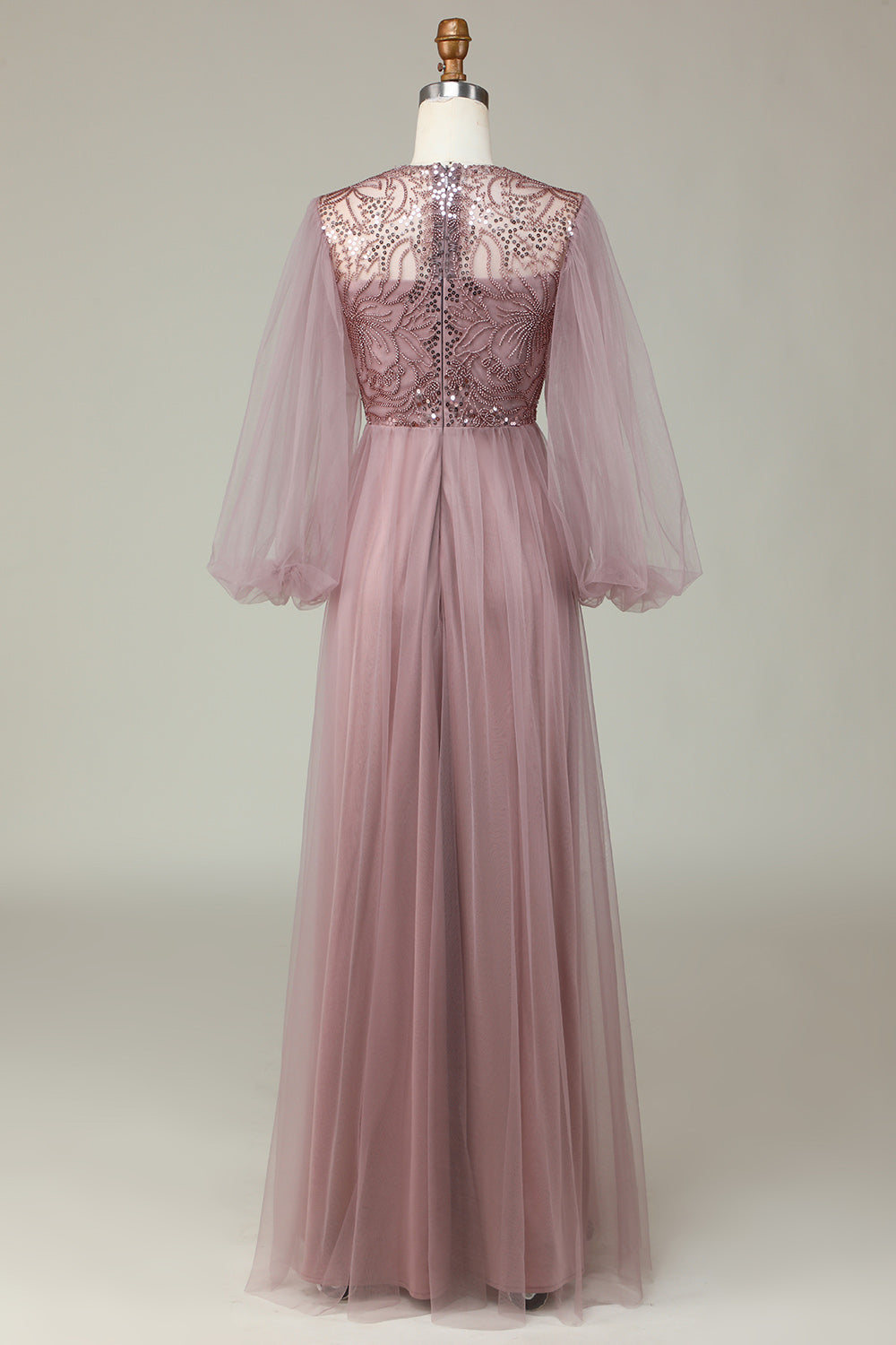 Sparkly Dusty Blue A Line Jewel Neck Long Bridesmaid Dress With Sequined Appliques