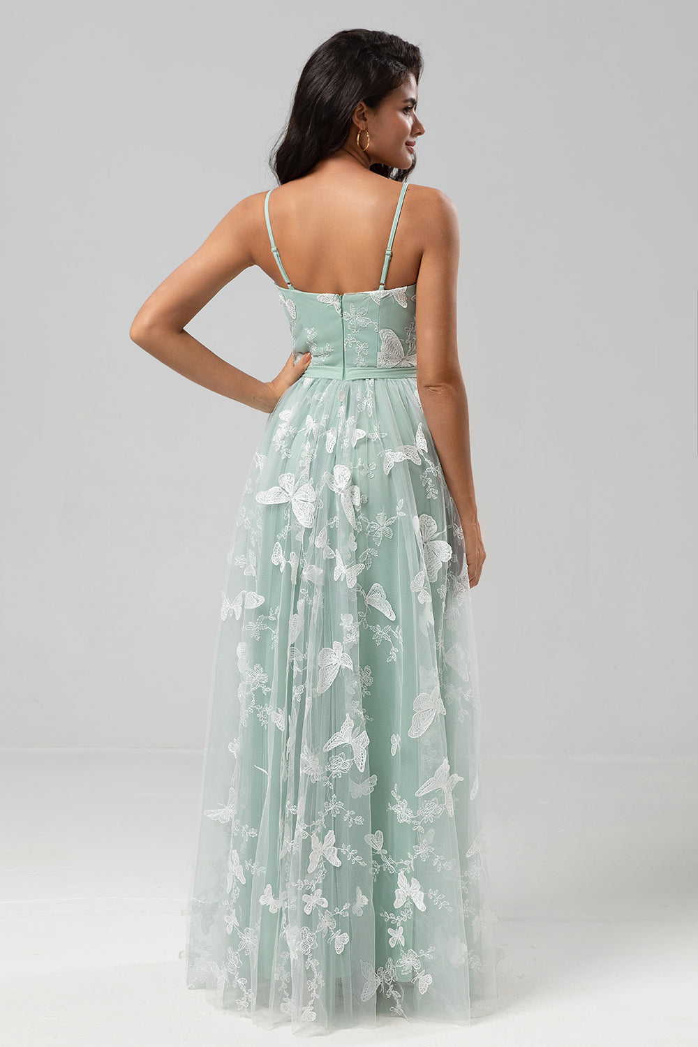 Tulle Spaghetti Straps Matcha Bridesmaid Dress with Appliques