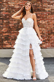 Sparkly White A Line Tulle Long Corset Tiered Prom Dress With Slit