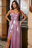Metallic Pink A Line Spaghetti Straps Long Prom Dress With Slit